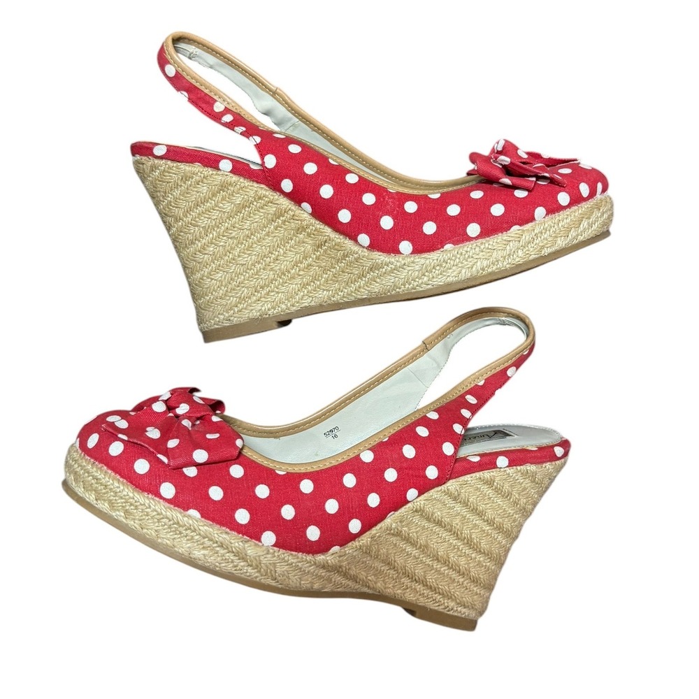 Vintage Red Polka Dot Slingback Wedge Heels Size 8.5 Retro Pinup Parisian Chic - Picture 7 of 12